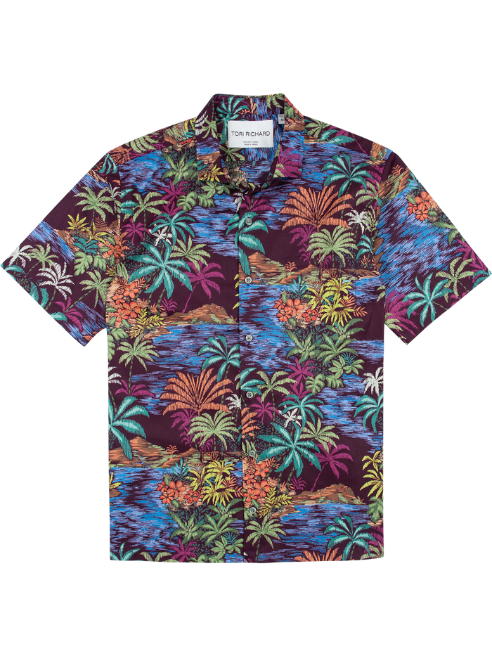 Vibrant multicolor palm tree and ocean-print short-sleeve Hawaiian shirt, front view.