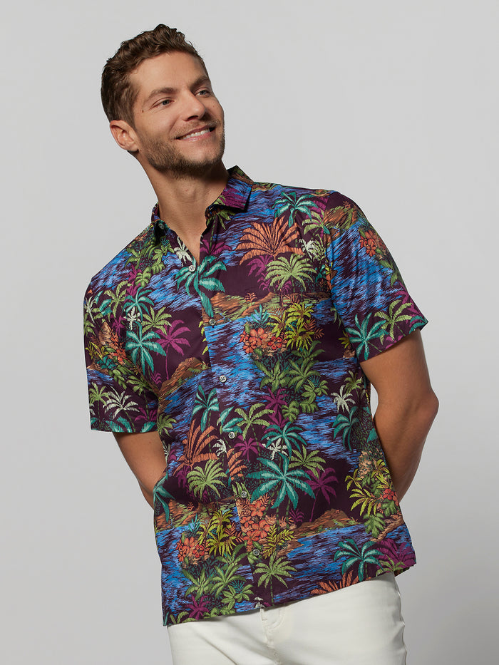 White cotton lawn shirt with subtle print, paired with white pants, front view.