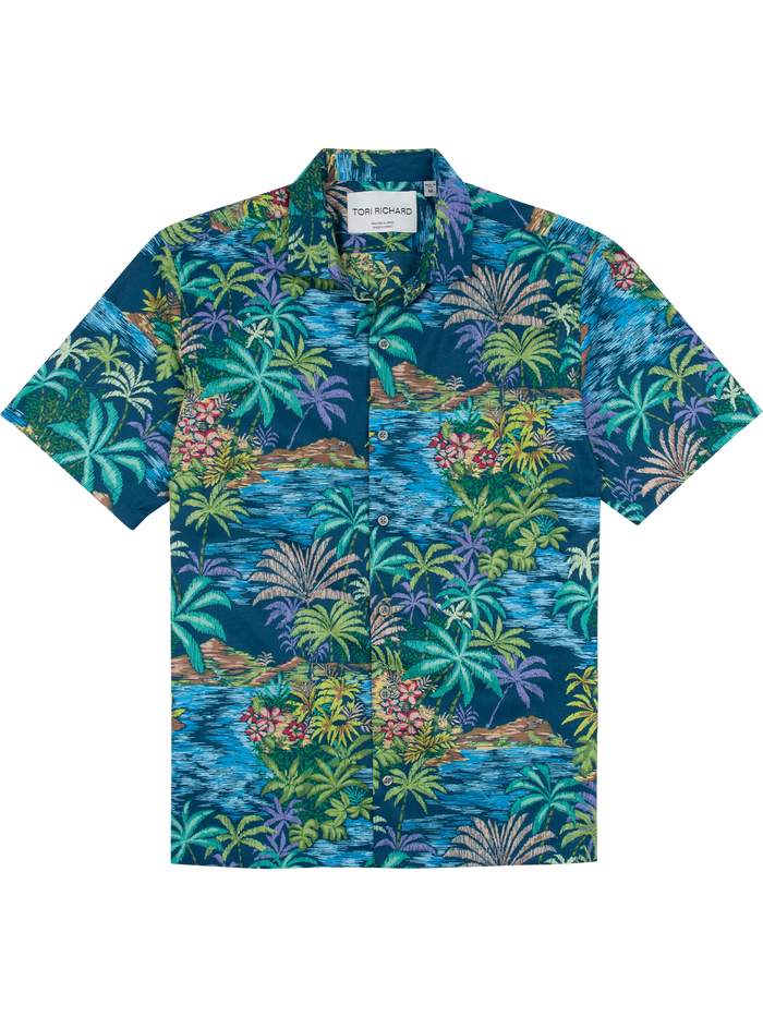 Blue tropical palm-print short-sleeve cotton lawn shirt, front view.