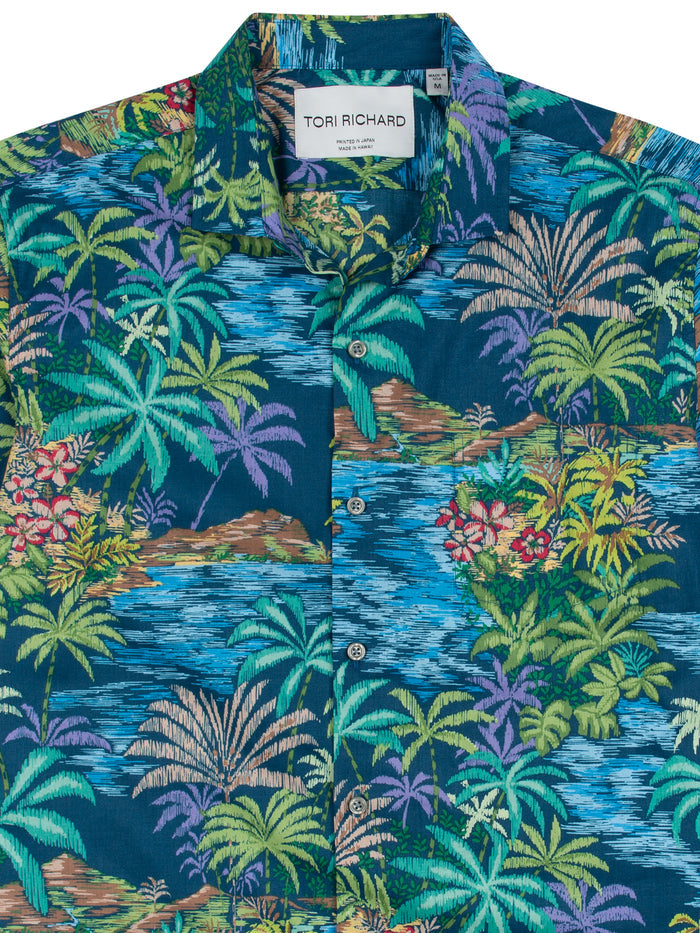 Blue palm tree floral Tori Richard shirt, front view. Image.