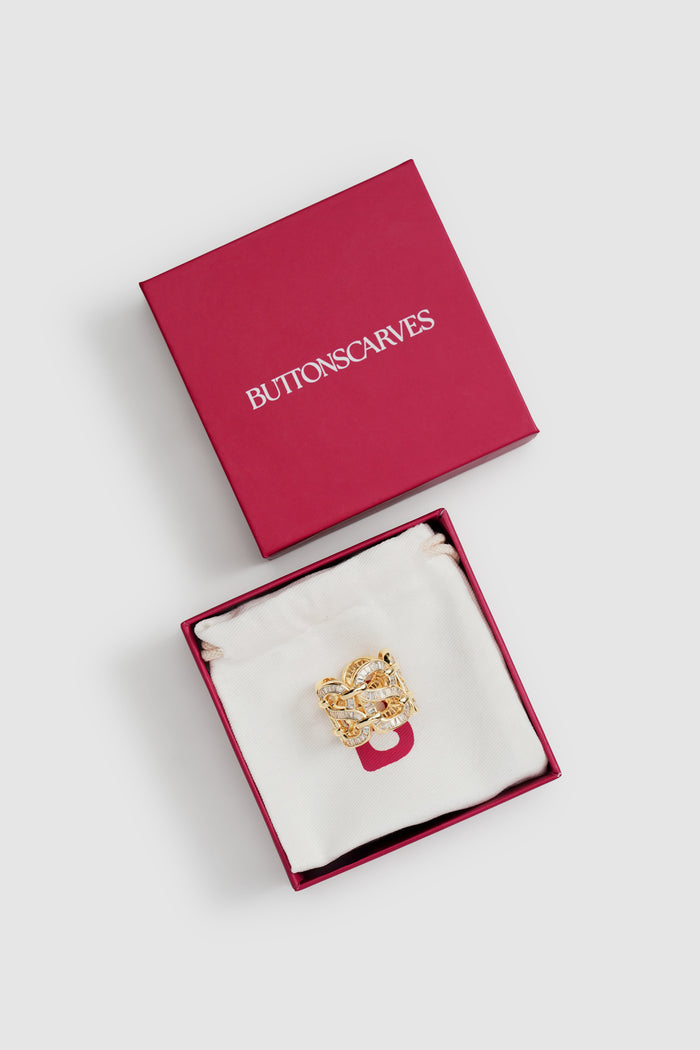 lavish ring brooch in gold by buttonscarves packaging