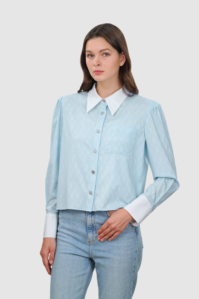 leena cotton cropped shirt in blue by buttonscarves front view
