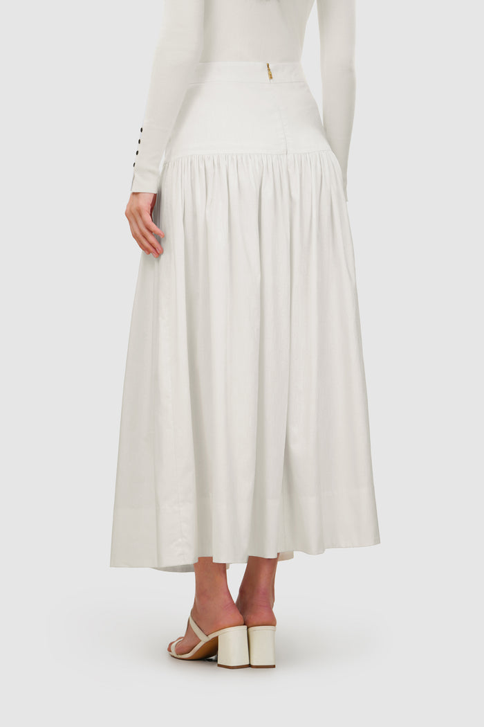 leena cotton ruffle skirt in white by buttonscarves back view