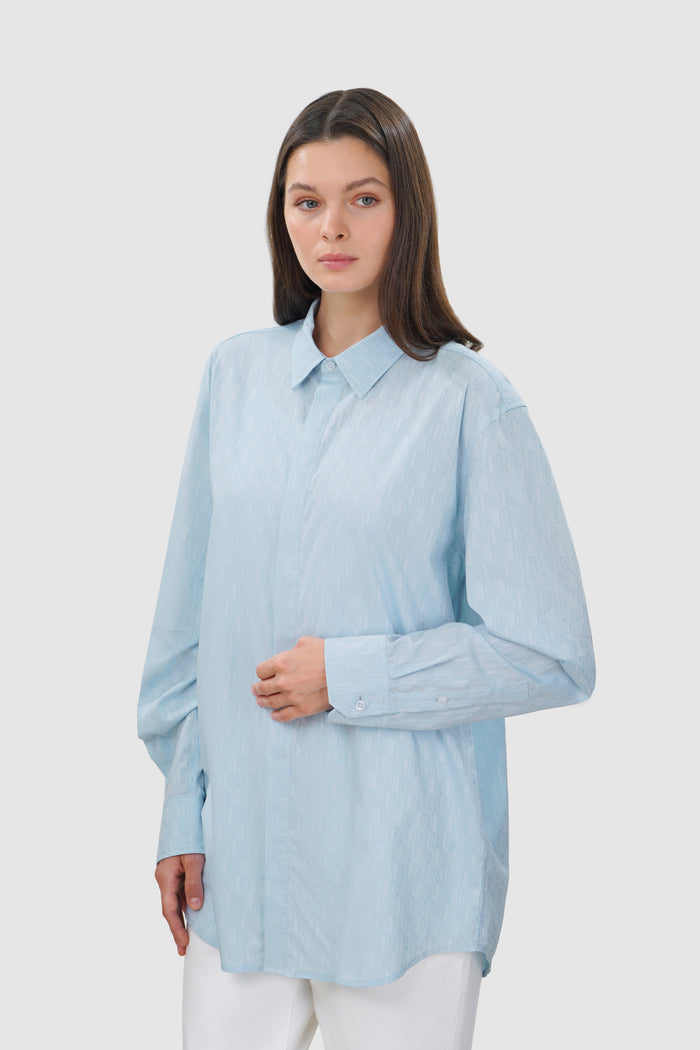 leena cotto unisex shirt in blue by buttonscarves front view