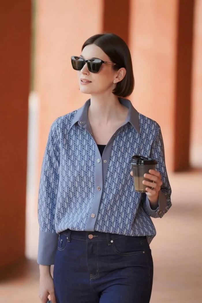 Leena Monogram Basic Shirt - Blue