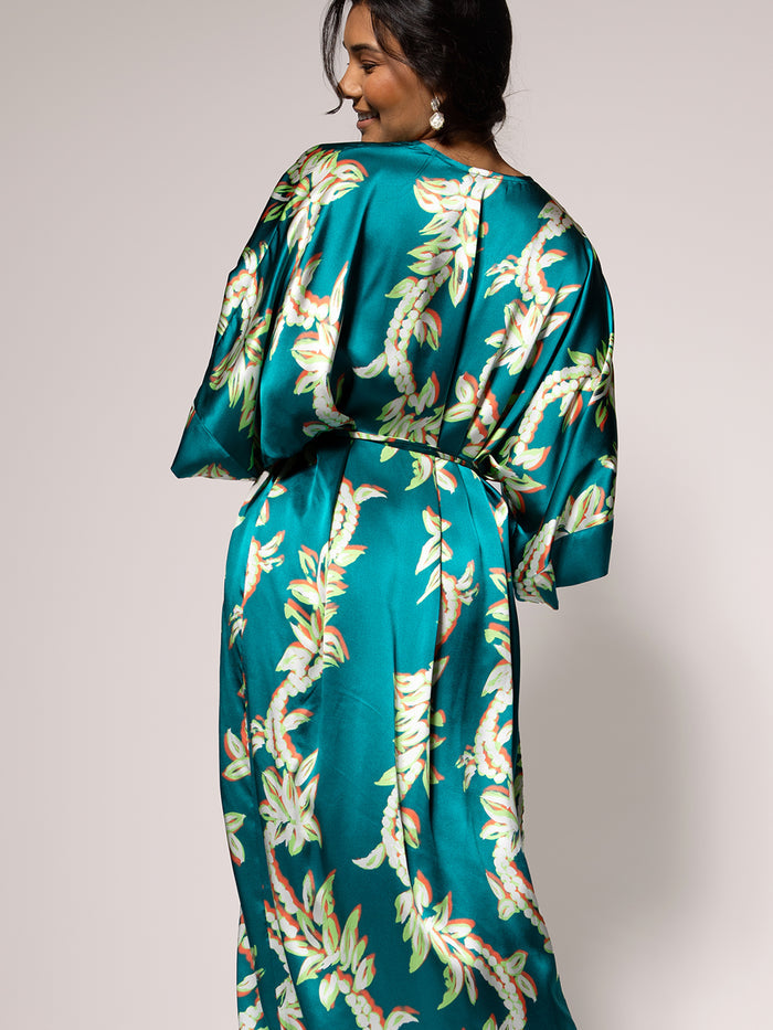 Multicolored floral-print kimono caftan dress, side view shown in both images.