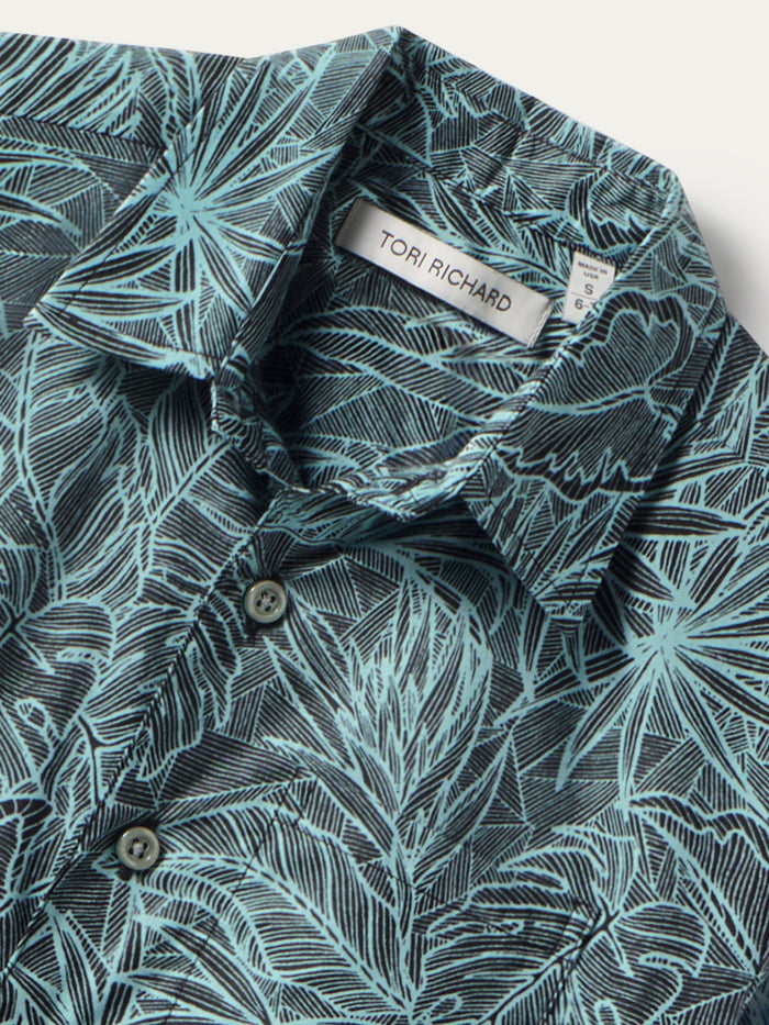 Mint and black tropical-print cotton short-sleeve shirt, front view.
