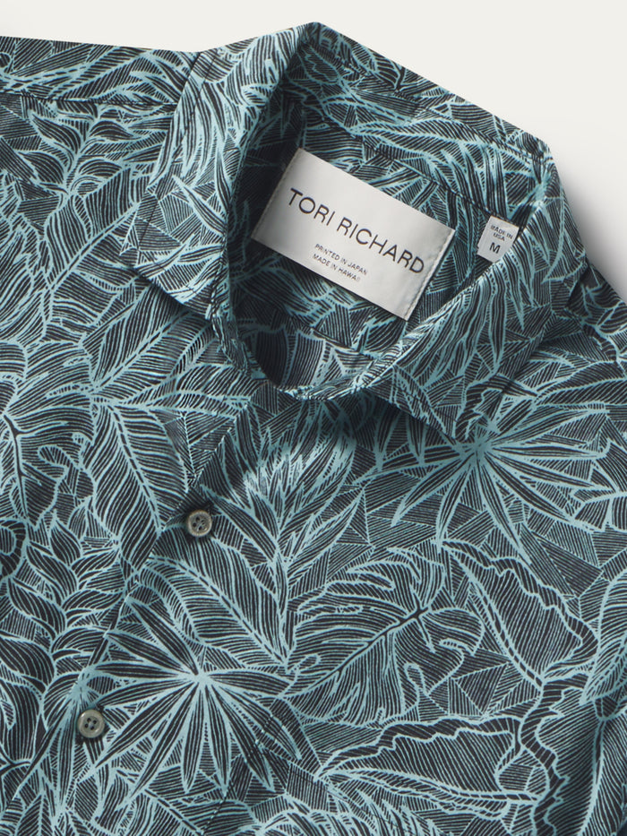 Blue and black patterned shirt, collar close-up with Tori Richard label inside.