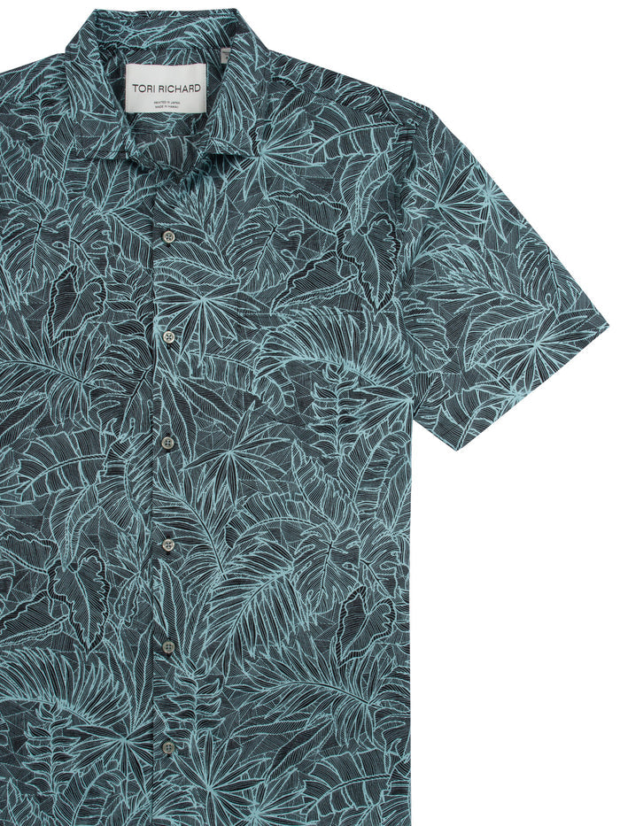 Blue and black monstera-print button-up shirt, front view shown in both images.
