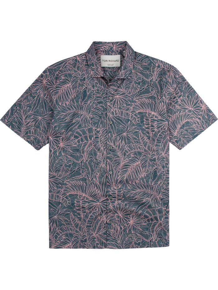 {{Pink monstera-print short-sleeve shirt on Cotton Lawn, front view}}.