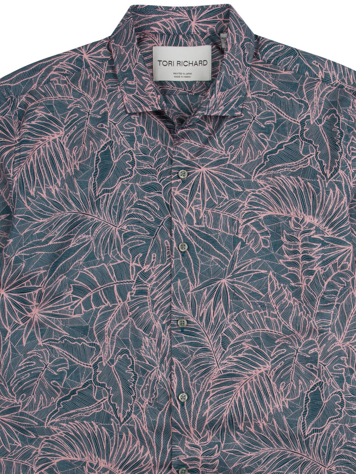 Dark button-up shirt with pink monstera leaf print and Tori Richard label at collar (shown in two images).