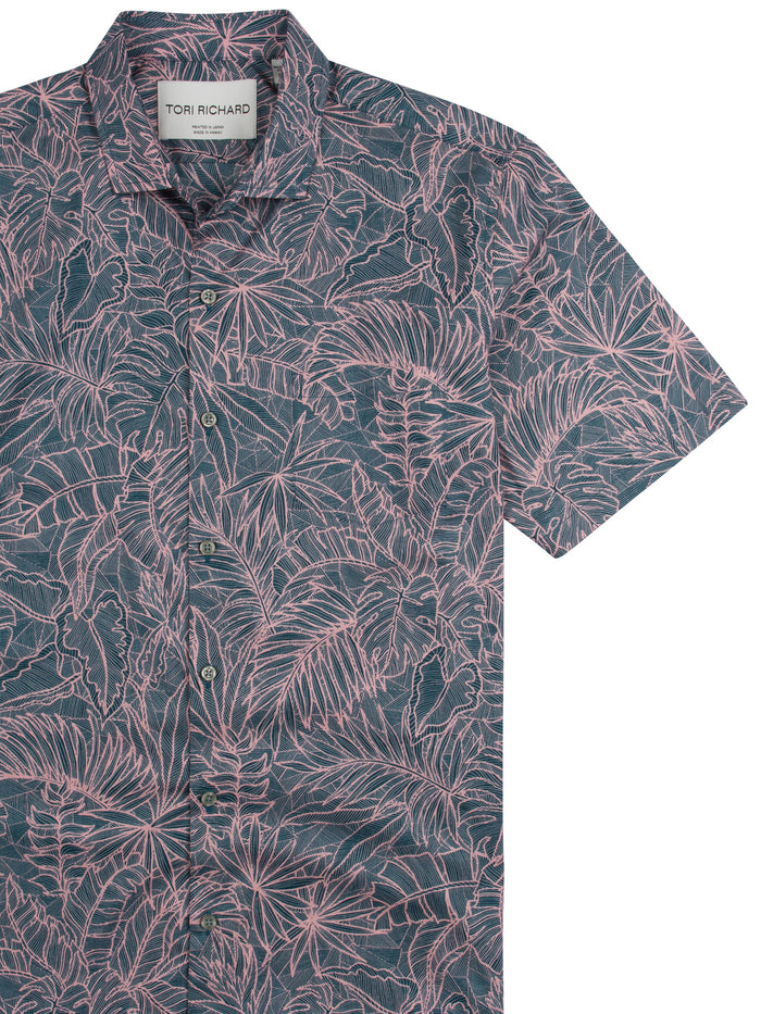 Blue short-sleeve shirt with pink monstera leaf print, front view shown in Images 1 and 2.