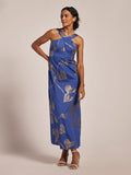 Blue and gold leaf-print sleeveless dress, full-length front view on plain background.