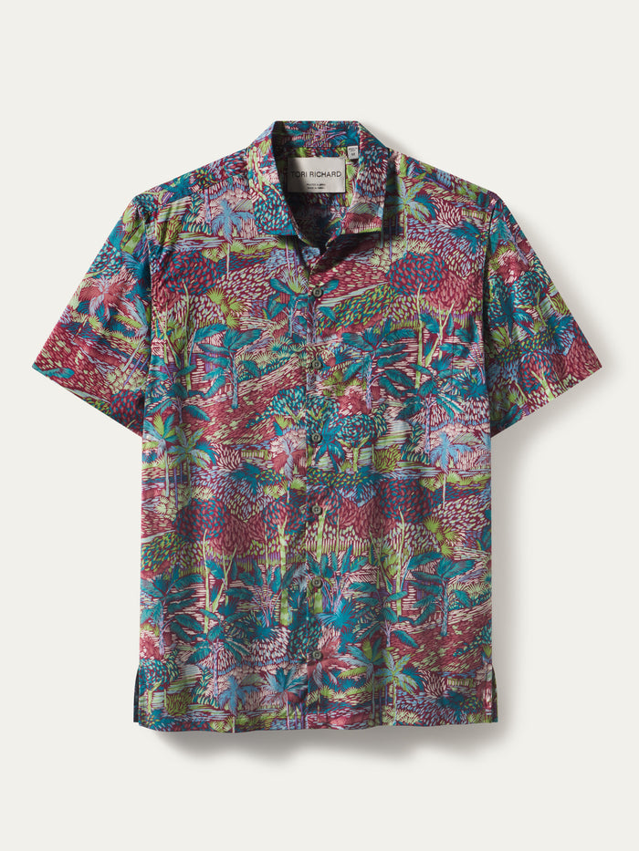 Green, blue, red, purple abstract tropical-print Hawaiian shirt, front view