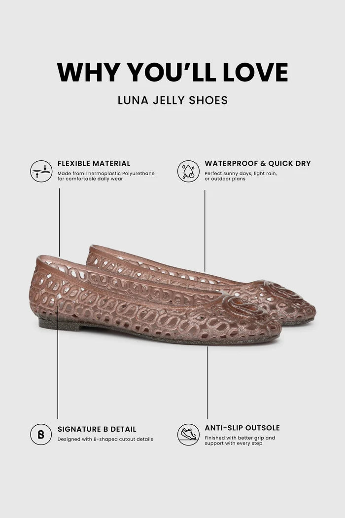 luna jelly shoes in brown with flexible material, waterproof, anti-slip outsole and signature b detail