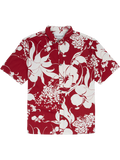 Red and white floral-print short-sleeve Hawaiian shirt, flat lay on white background.