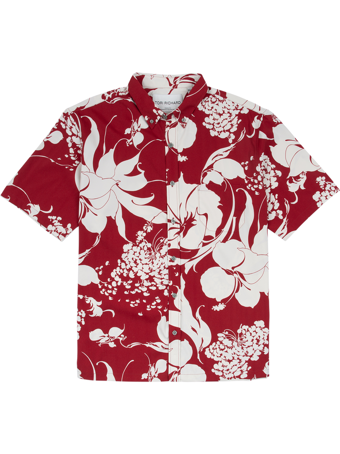 Red and white floral-print short-sleeve Hawaiian shirt, flat lay on white background.