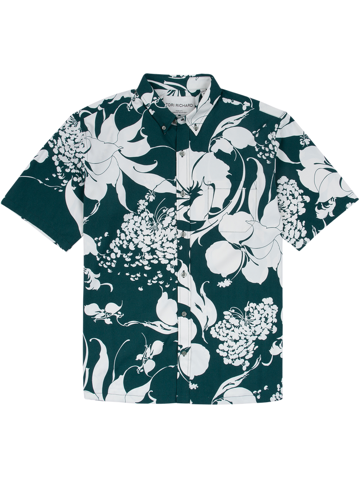 Dark green/white bold floral short-sleeve Hawaiian shirt, front view, moisture-wicking fabric.