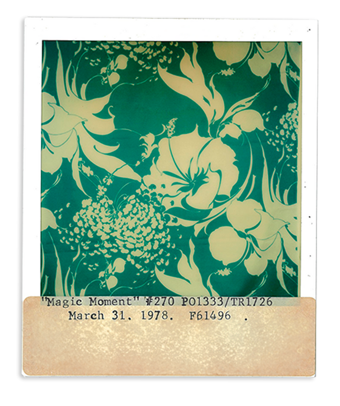 Green floral Hawaiian shirt, Vintage image, front view with Polaroid border. 2: Angled view, Polaroid frame, visible numbers.