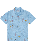 Light blue tropical and bird-print boys Hawaiian shirt, front and back views.