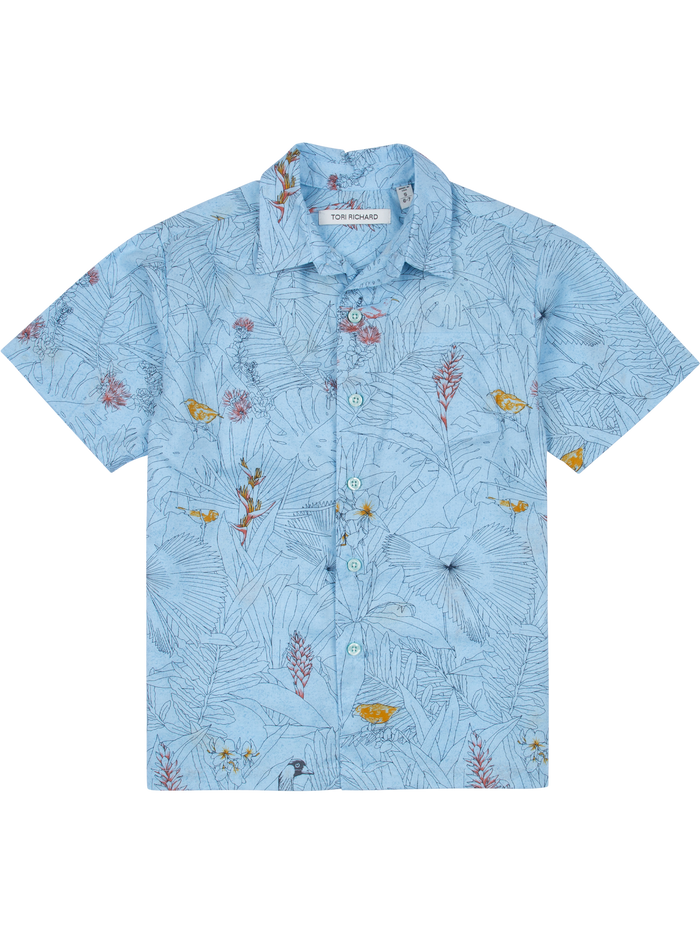 Light blue tropical and bird-print boys Hawaiian shirt, front and back views.