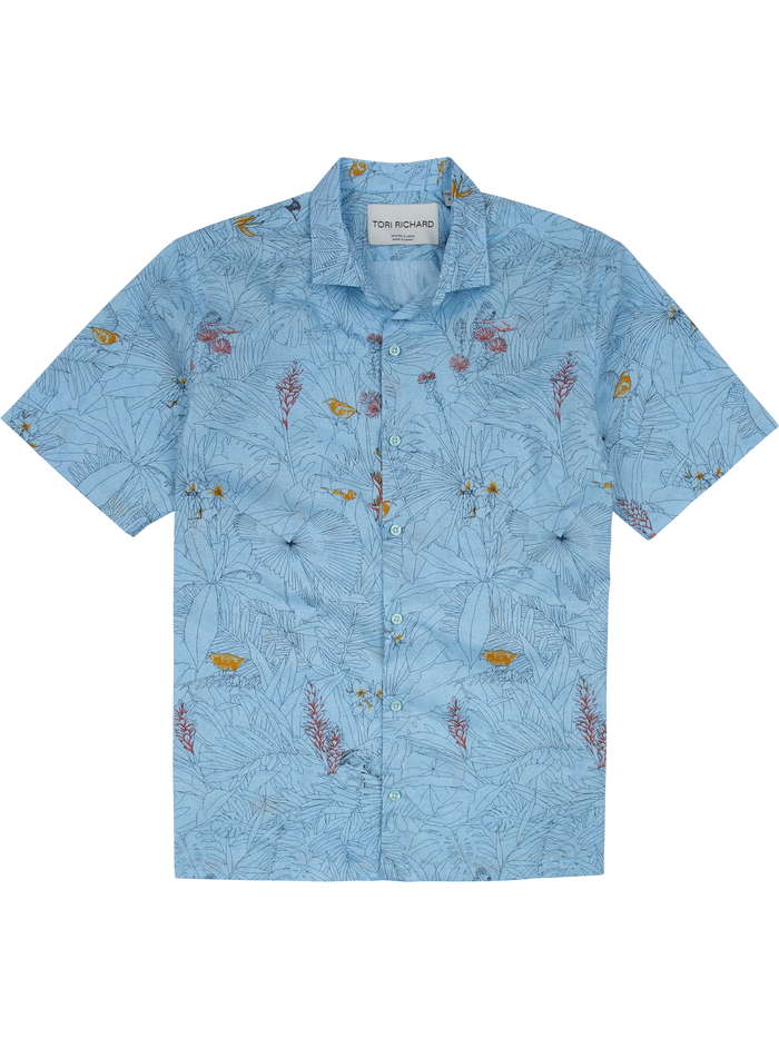 Light blue short-sleeve Hawaiian shirt with orange and red floral print, flat lay front view.