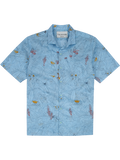 Light blue short-sleeve Hawaiian shirt with orange and red floral print, flat lay front view.