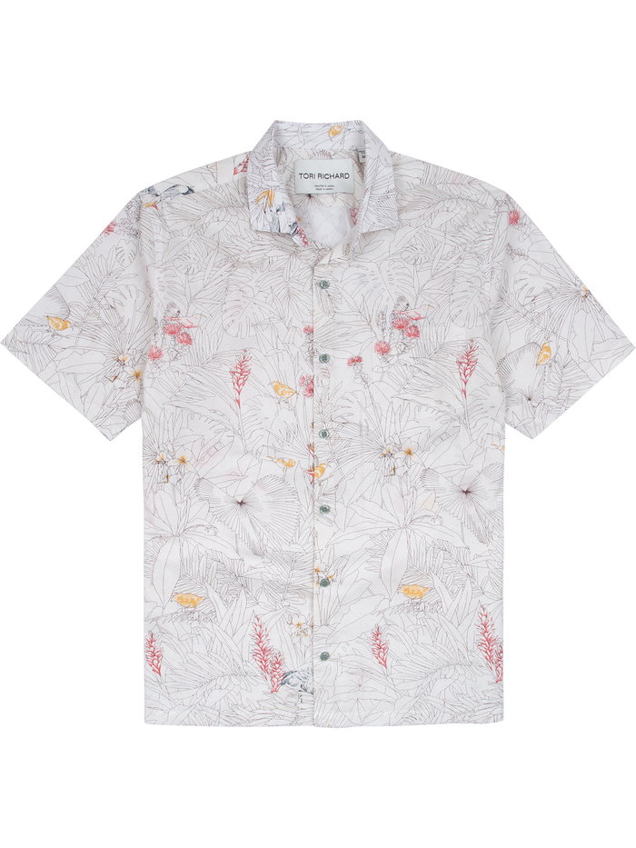 Beige , yellow, and red floral-print short-sleeve Hawaiian shirt, flat lay front view.