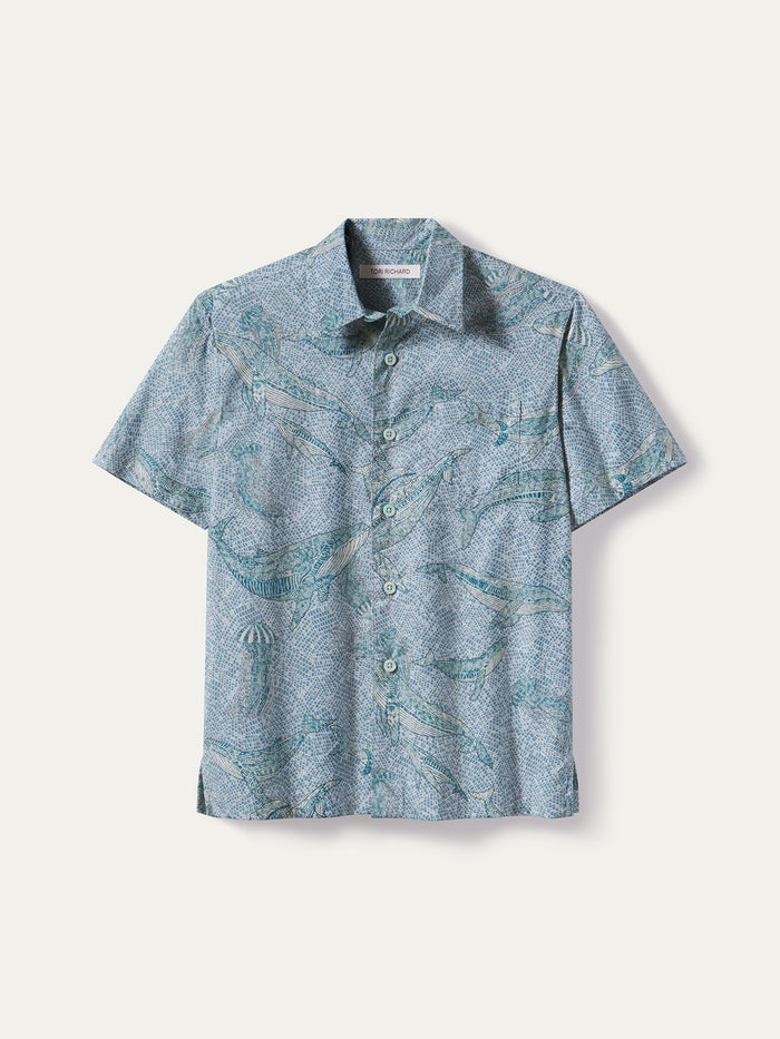 Aqua blue cotton short-sleeve shirt, plain, front view, laid flat on white background.