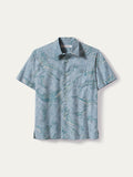 Aqua blue cotton short-sleeve shirt, plain, front view, laid flat on white background.