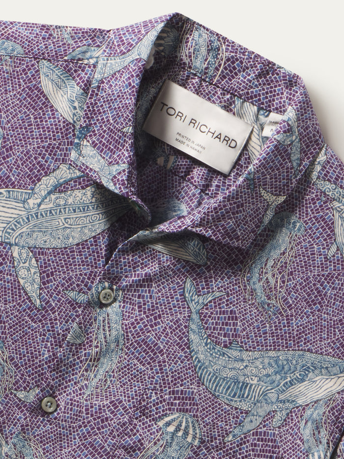 Purple cotton shirt with blue whale print, front view; detail view of whale pattern on cotton lawn shirt.