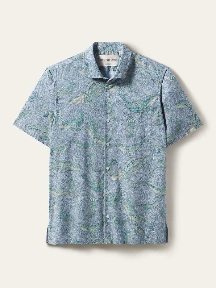 Blue whale and jellyfish print button-up shirt in textured cotton lawn, front view.