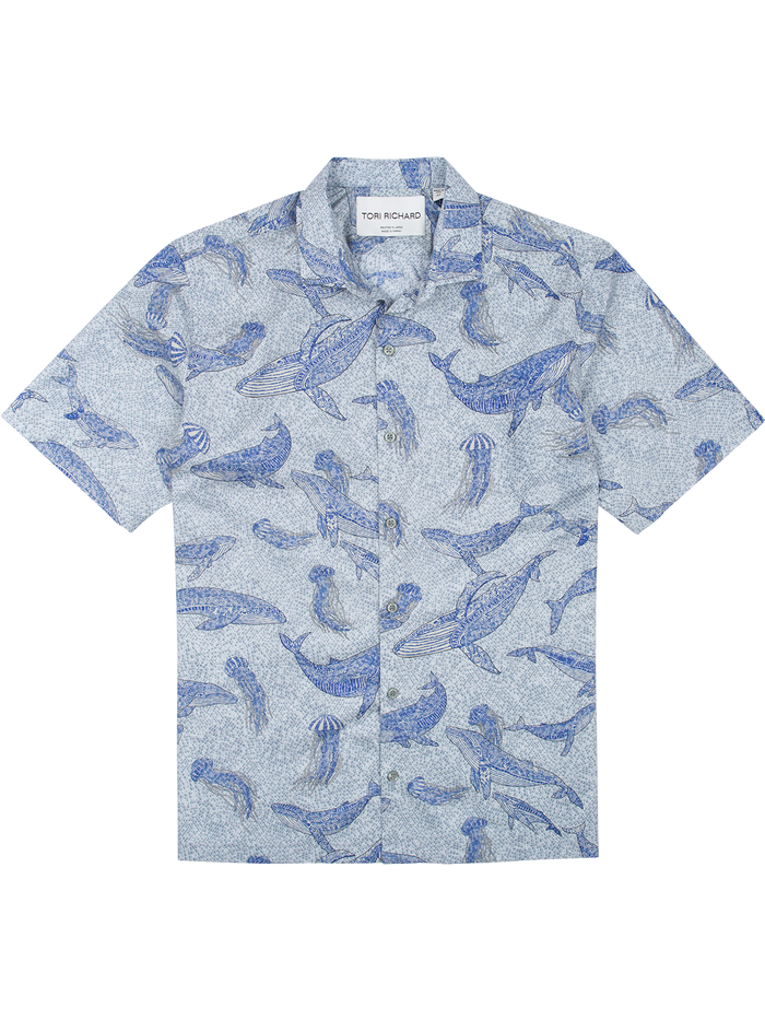 Light blue cotton short-sleeve shirt with sharks, whales, and jellyfish print, front view.