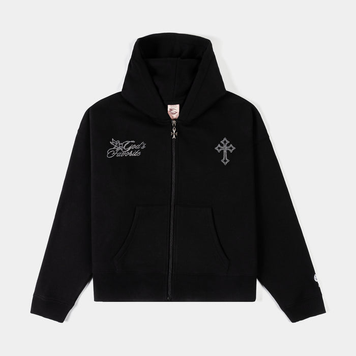 Mary Tears Cropped Zip Up Fleece Womens Hoodie (Black/Black)