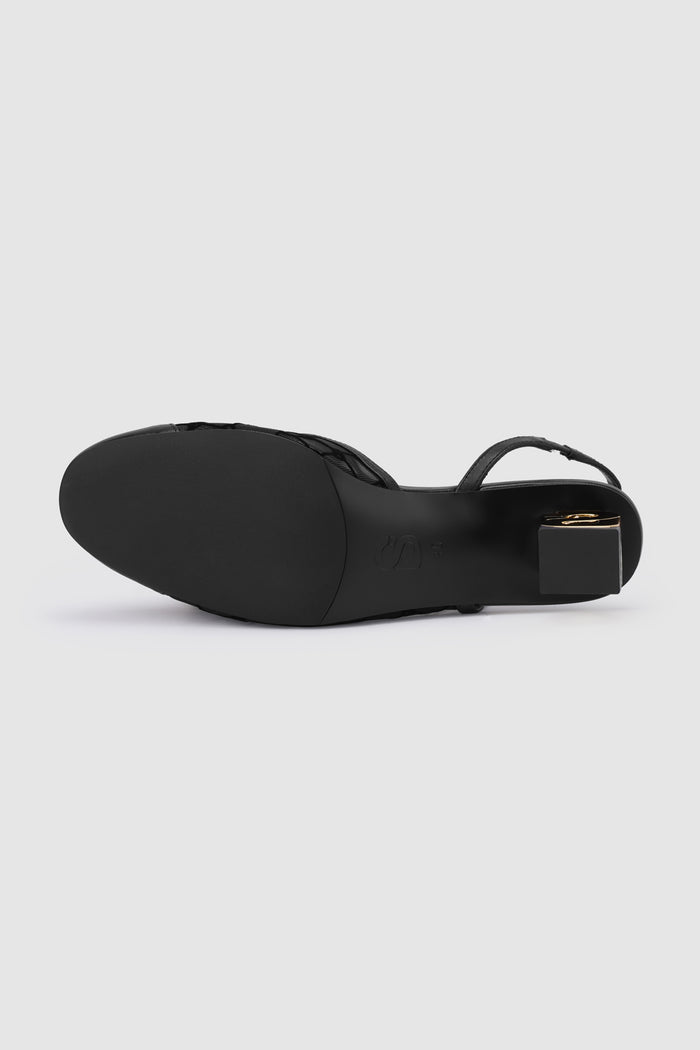 meela be heels in black bottom heel view