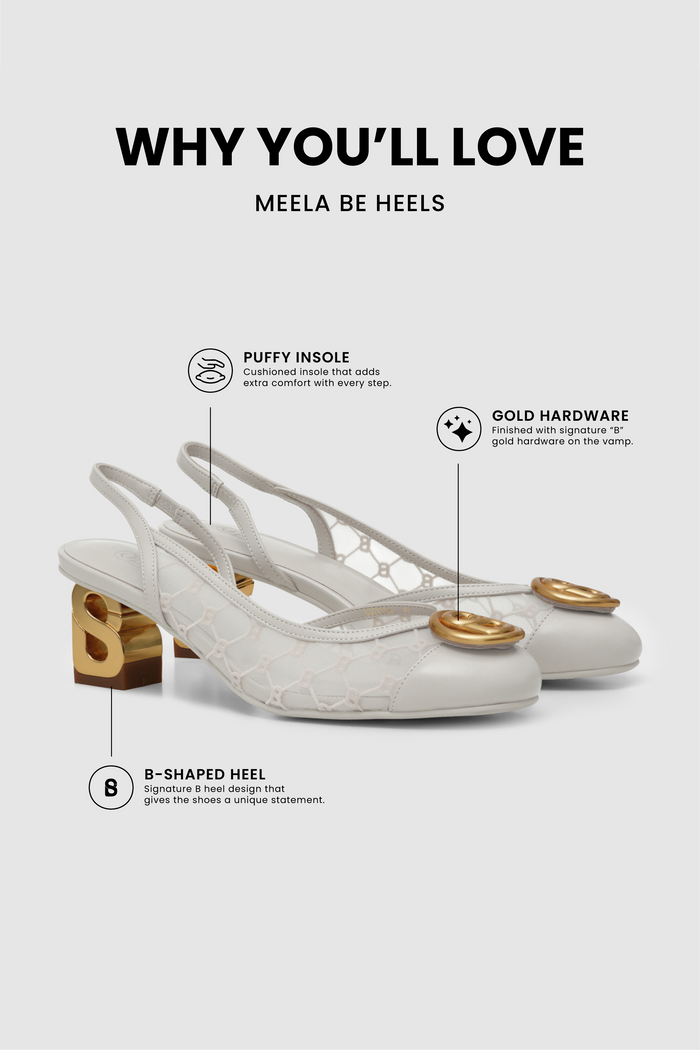 meela be heels in broken white with soft lining puffy insole, gold hardware and signature b heel
