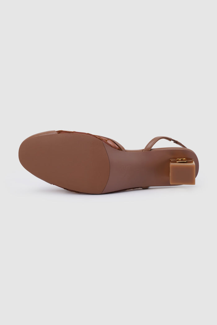 meela be heels in brown bottom heels detail