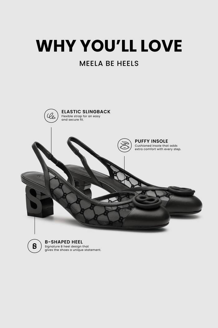 meela be heels in charcoal with soft lining puffy insole, gold hardware and signature b heel