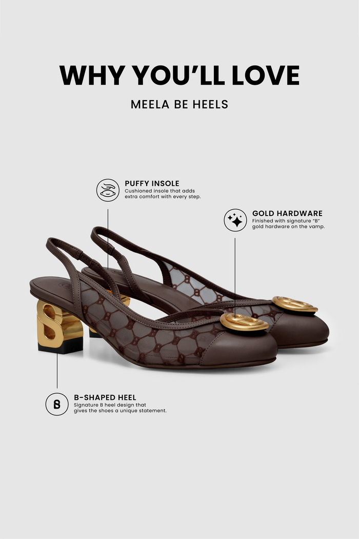 meela be heels in cioccolato with soft lining puffy insole, gold hardware and signature b heel