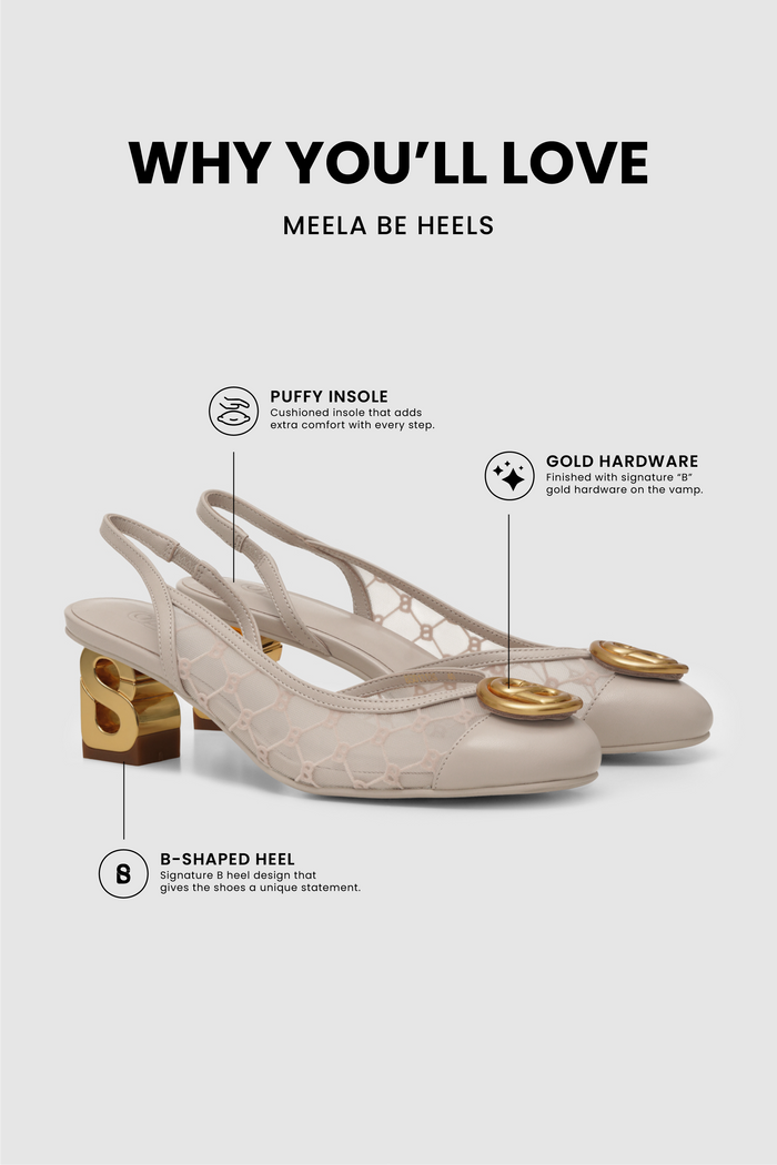 meela be heels in drift wood with soft lining puffy insole, gold hardware and signature b heel