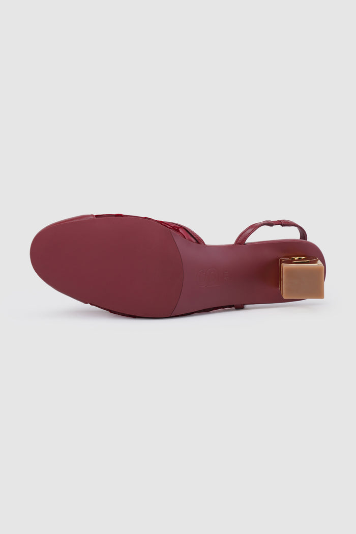 meela be heels in maroon bottom heels detail