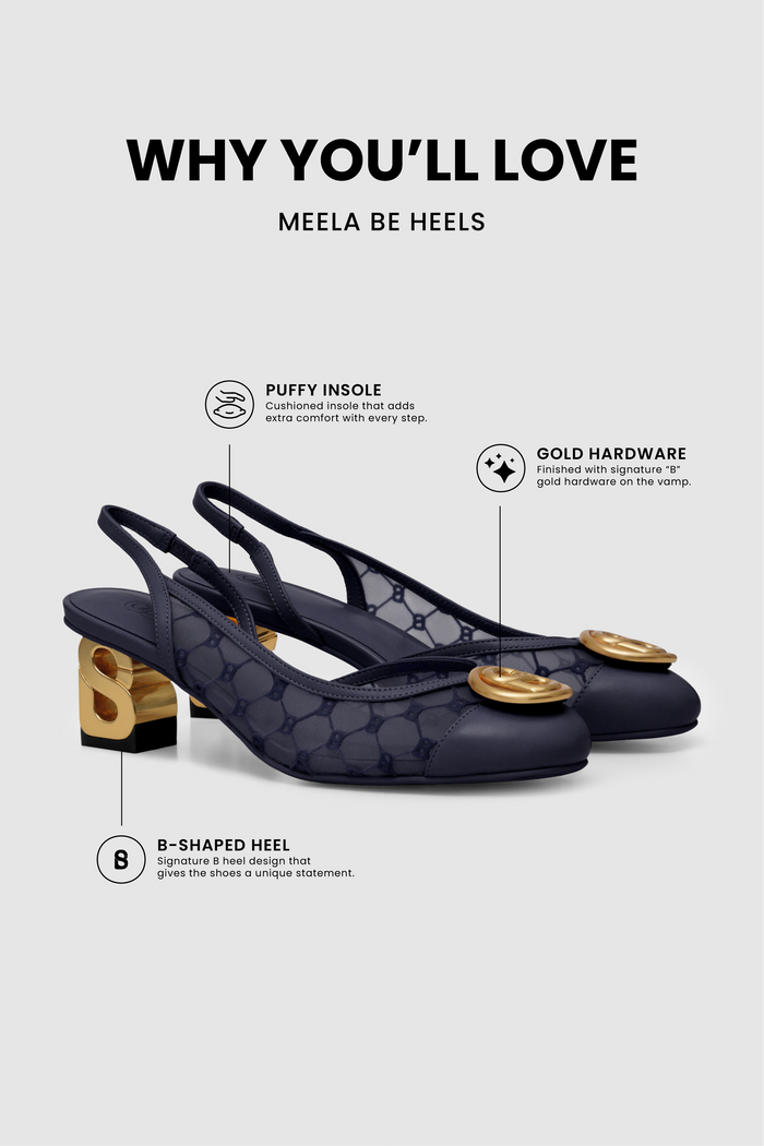 meela be heels in navy with soft lining puffy insole, gold hardware and signature b heel
