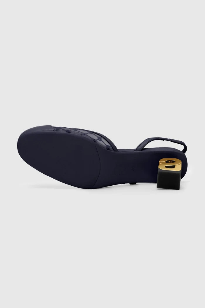 meela be heels in navy bottom heels detail