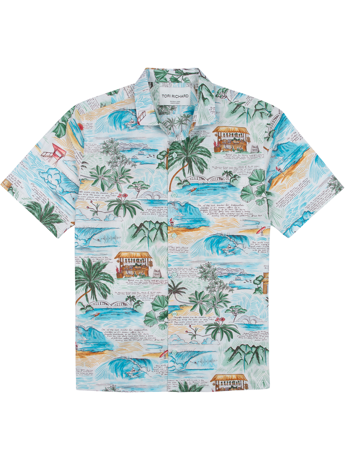Multi-color waves, palms, script-print short-sleeve shirt; vibrant wave and palm Hawaiian shirt.