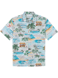 Blue, green, and tan tropical-print tall cotton shirt, front view (Images 1 and 2).