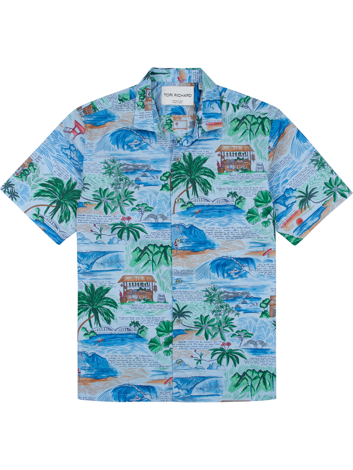 Meles Journal (Tall): Blue Hawaiian island & palm print, breezy vibe, made in Hawaii. Front & angled cover views.