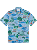 Blue and white island-and-ocean print cotton short-sleeve shirt, flat lay, front view.