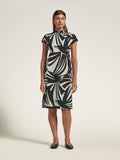 Black fitted mandarin-collar dress, solid color, full front view against plain background (Images 1 & 2).