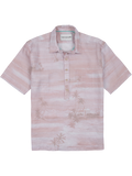 Light pink palm tree and building-print linen shirt with left chest pocket, front view (Images 1 & 2).