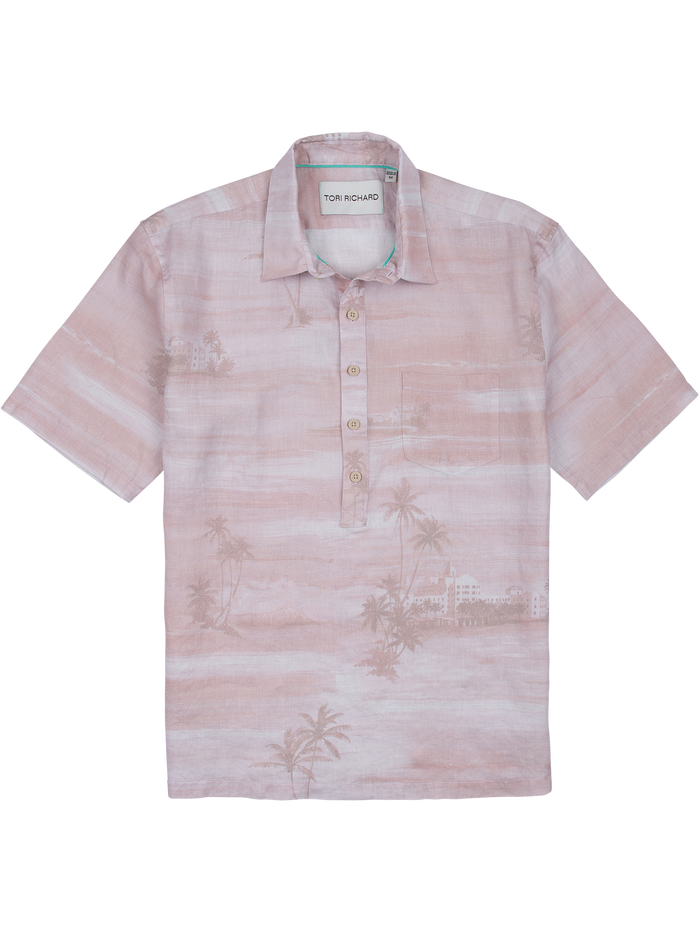 Light pink palm tree and building-print linen shirt with left chest pocket, front view (Images 1 & 2).